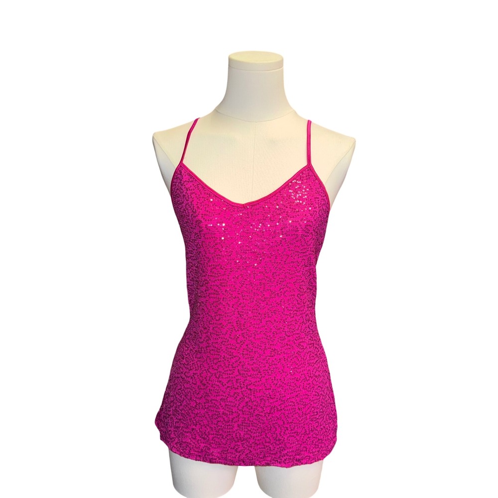 Express Magenta Pink Sequin Camisole Tank Top Small V-Neck Adjustable Straps